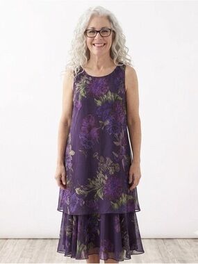 Shelby & Palmer Purple Floral Tiered Sleeveless Midi Dress 16W